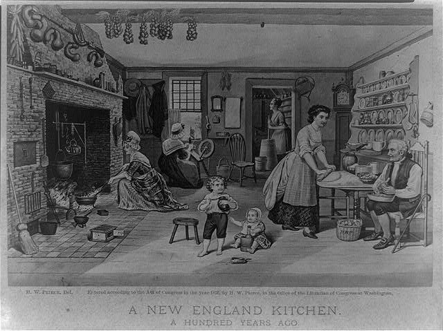 Photo titled "A New England kitchen, A hundred years ago." The drawing, published in 1876, shows women, children and a man working in a colonial-era kitchen